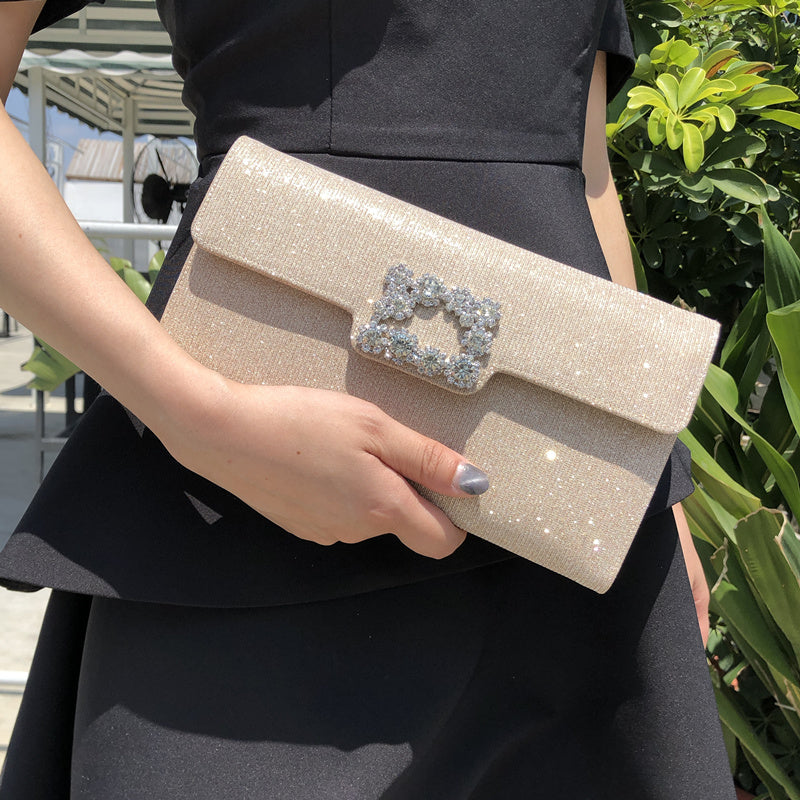 Silver Glitter Evening Clutch with Crystal Logo and Chain Strap - Sparkly Envelope Purse for Wedding, Prom, Party - Elegant Shimmer Crossbody Handbag for Women
