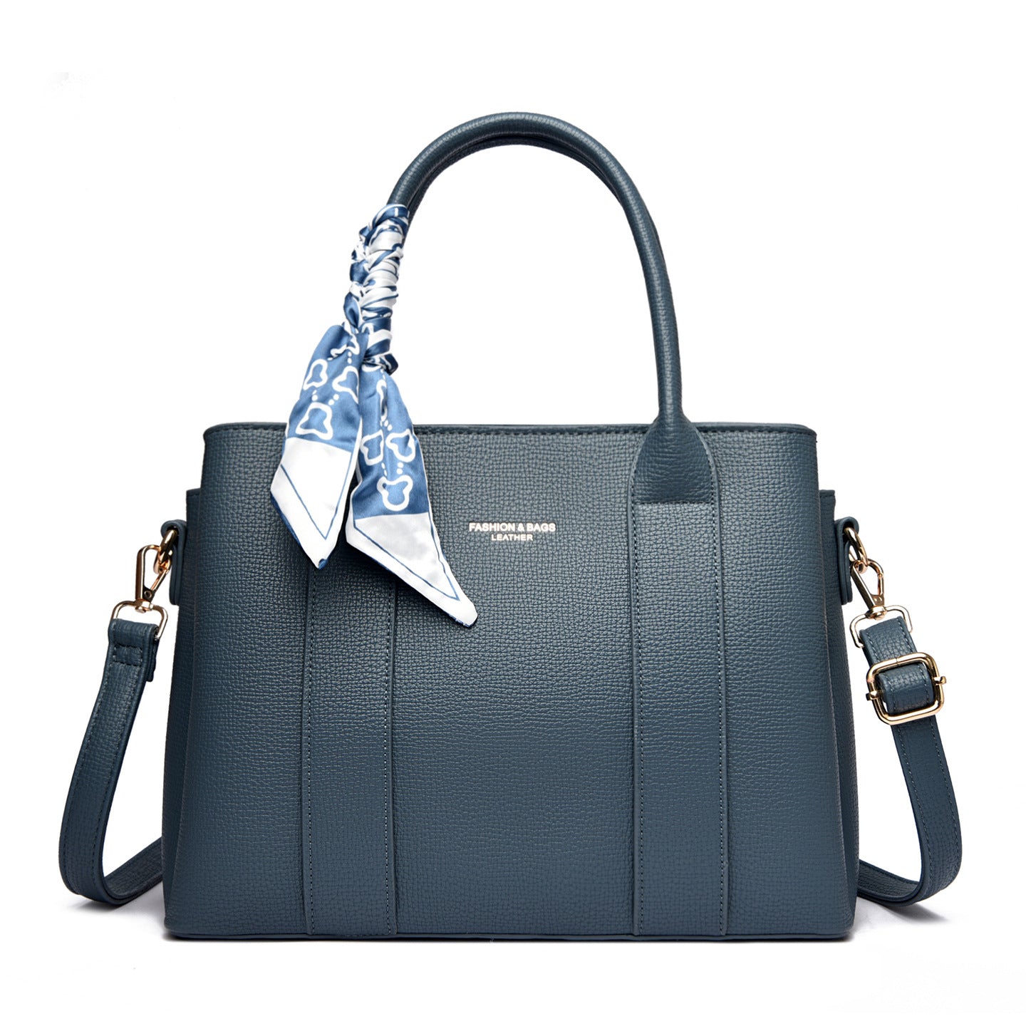 Black Leather Tote Handbag Women | Structured Shoulder Bag Crossbody Satchel with Scarf Detail Gold Hardware