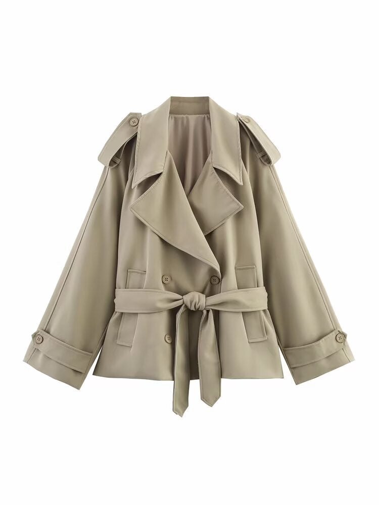 Oversized Khaki Trench Coat Women | Belted Short Trench Jacket with Lapel & Epaulettes | Elegant Outerwear