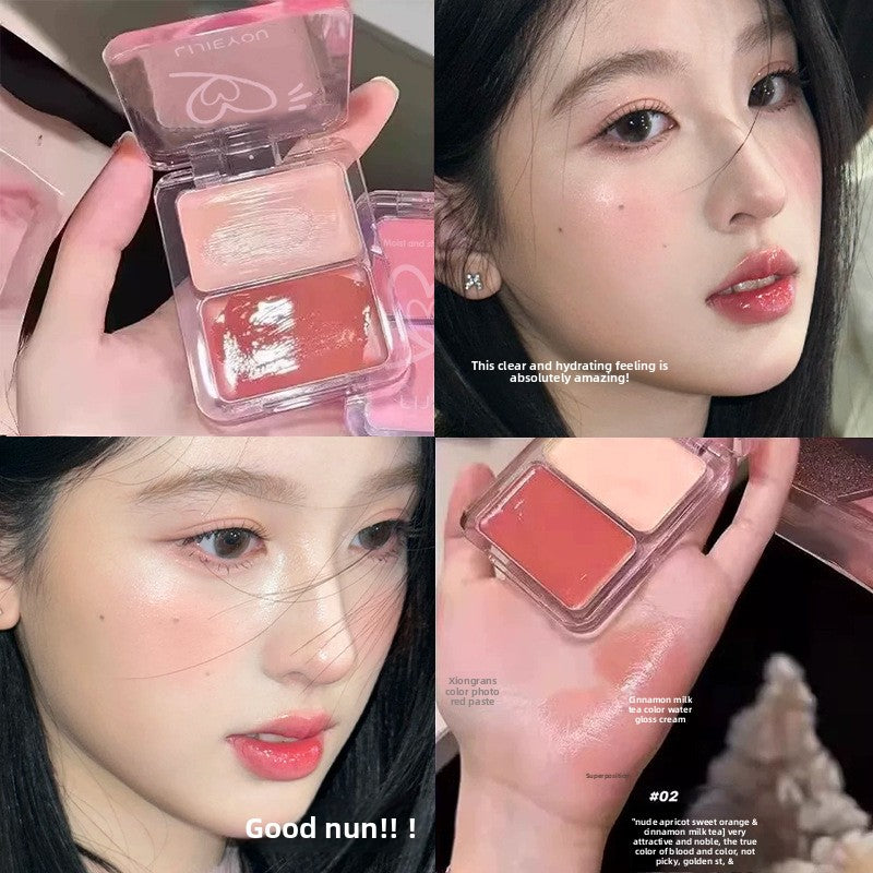 LIJIEYOU Dual Shade Moist and Shiny Blush Palette | 2 Color Pink Peach Cheek Blush Compact | Cute Heart Design Long Lasting Natural Flush Cheek Color | Buildable Pigmented Face Blush for Women Girls