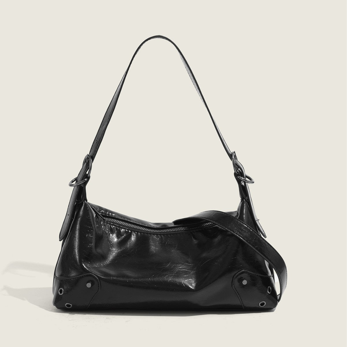 Brown Distressed Leather Shoulder Bag - Vintage Y2K Hobo Bag with Studded Details | Crescent Shaped Crossbody with Buckle Strap
