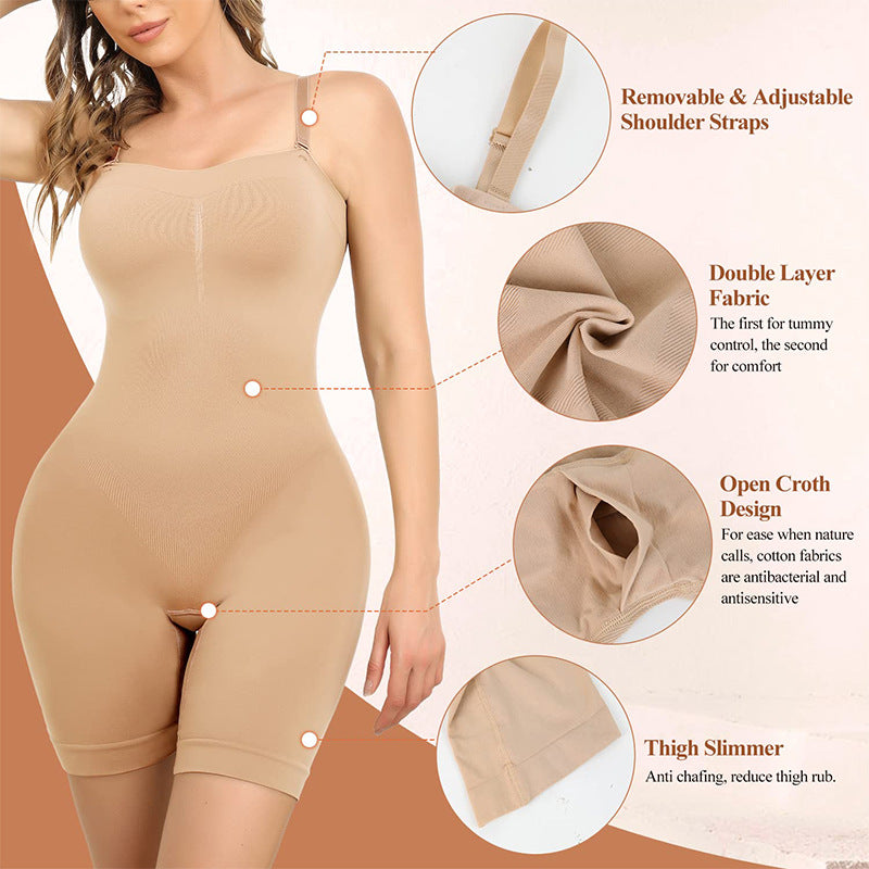 Black Strapless Full Body Shaper Bodysuit | Seamless Tummy Control Mid-Thigh Shapewear for Women