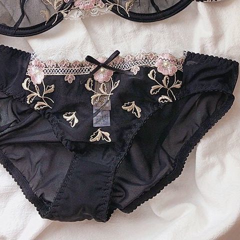 Women's Black Floral Embroidered Lace Bra and Panty Set Sexy See-Through Mesh Underwire Push Up Lingerie Set