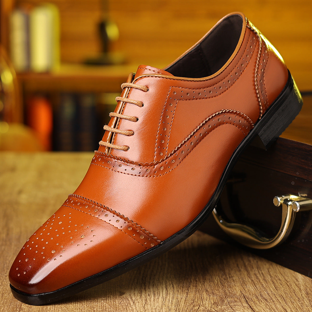 Men's Brown Leather Brogue Oxford Dress Shoes | Classic Cap Toe