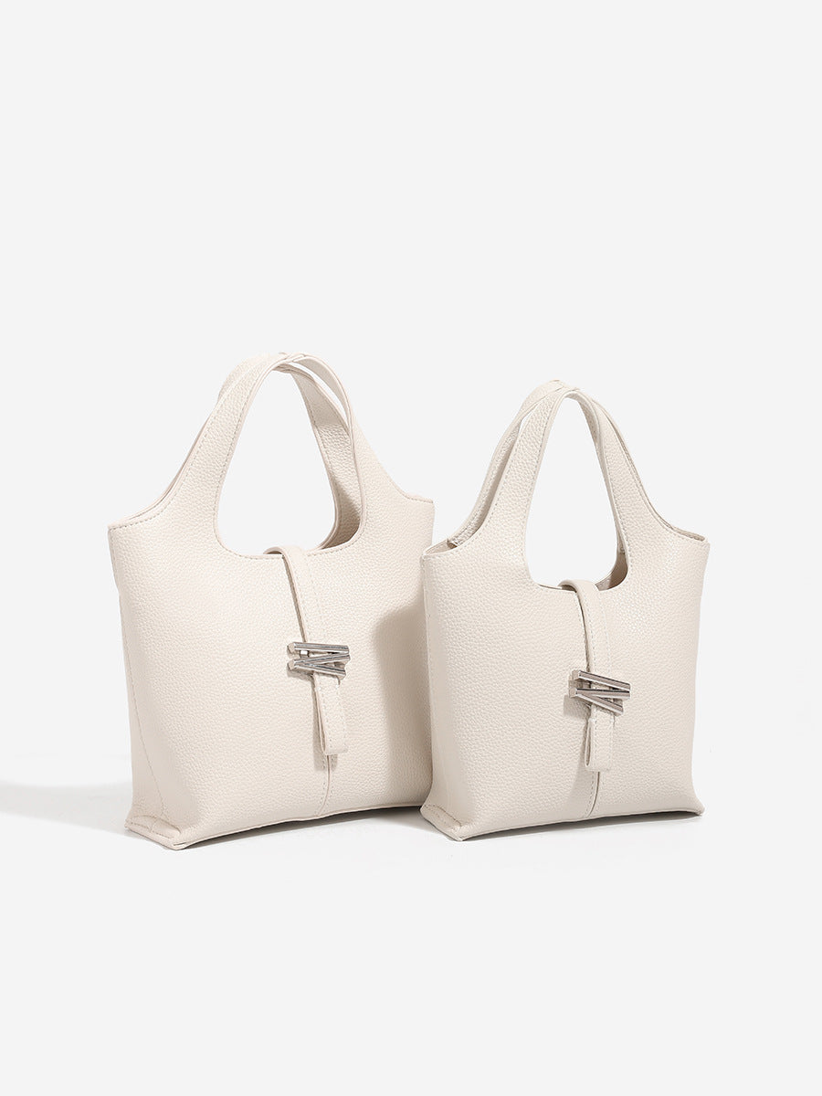 Cream Pebbled Leather Mini Tote Bag | Women's Top Handle Bucket Bag with Silver Knot Hardware Detail