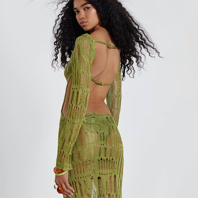 Black Open Knit Hollow Out Long Sleeve Maxi Dress | Sheer Crochet Bodycon Off Shoulder | Sexy See Through Beach Cover Up Evening Dress Women