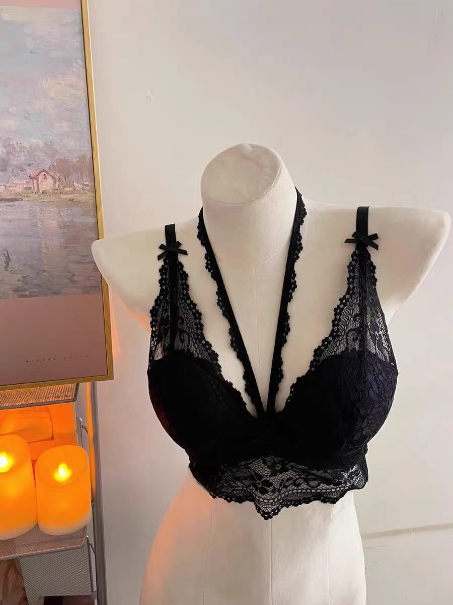 Black Deep Plunge Halter Lace Bralette | Strappy V Neck Wirefree Bra | Women's Sexy Longline Floral Lingerie Bralette
