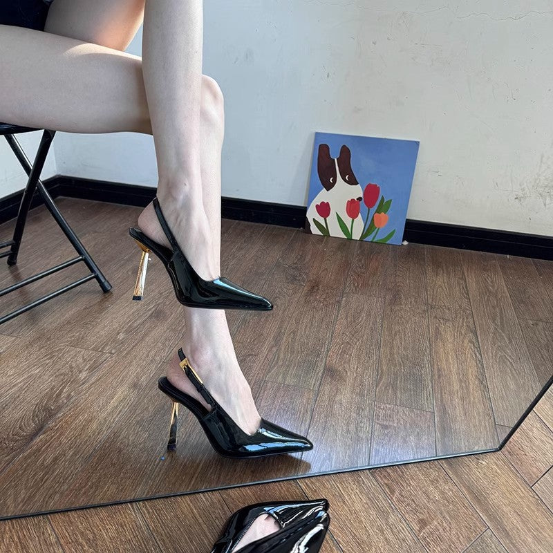 Black Patent Leather Pointed Toe Slingback Pumps with Gold Blade Metal Heel & Gold Buckle | Luxury Designer Heels for Women