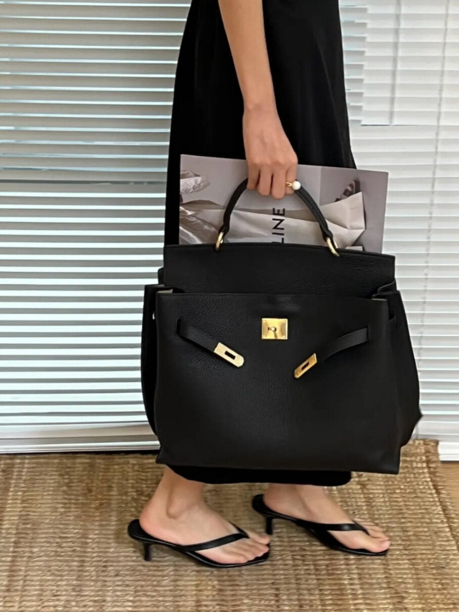 Beige Structured Crossbody Bag with Lock Closure - Designer Inspired Trapezoid Handbag | Luxury Style Shoulder Bag