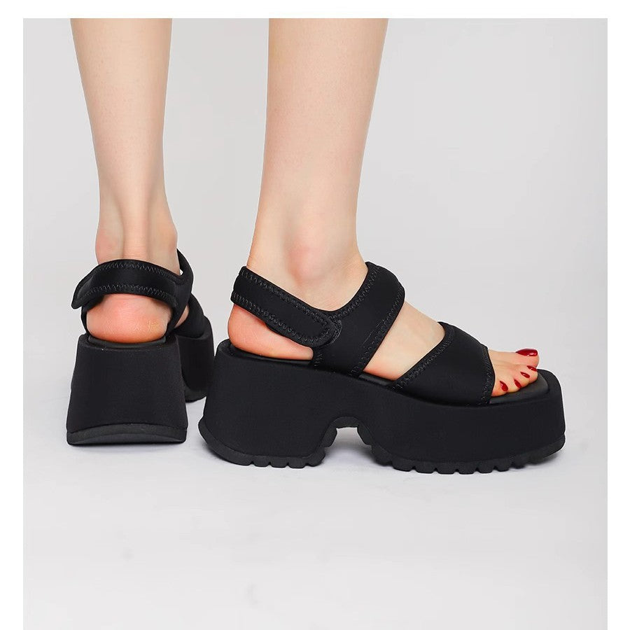 Black Chunky Platform Sandals for Women | Velcro Strap Open Toe Flatform Sandals | Thick Lug Sole Casual Platform Shoes | Edgy Street Style Summer Sandals