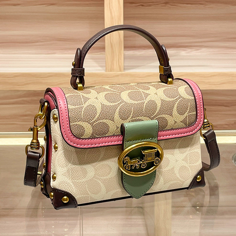 Genuine Leather Signature Monogram Mini Top Handle Crossbody Bag - Tan Canvas with Pink & Green Colorblock Trim - Gold Horse Carriage Turn Lock Flap Satchel - Women's Designer Style Handbag