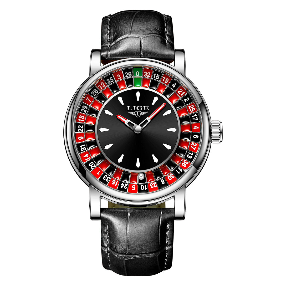 LIGE Casino Roulette Wheel Watch Men | Silver & Black Quartz Dress Watch | Leather Strap Novelty Gambling Timepiece Gift