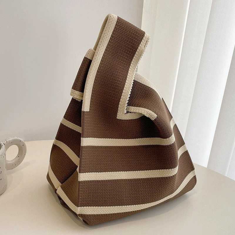 Black & White Geometric Knit Tote Bag | Aztec Pattern Wrist Handle Handbag | Boho Crochet Style Women's Bag