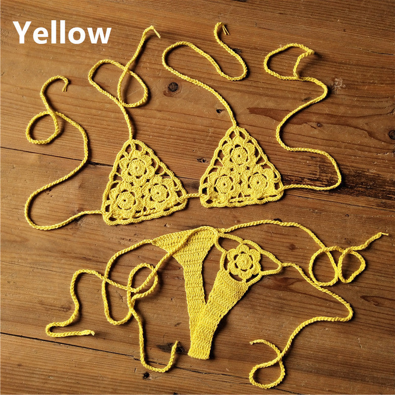 Set bikini micro all'uncinetto fatto a mano | Top a triangolo all'americana e slip perizoma estremamente mini | Costume da bagno stringato da donna in stile Boho, vari colori
