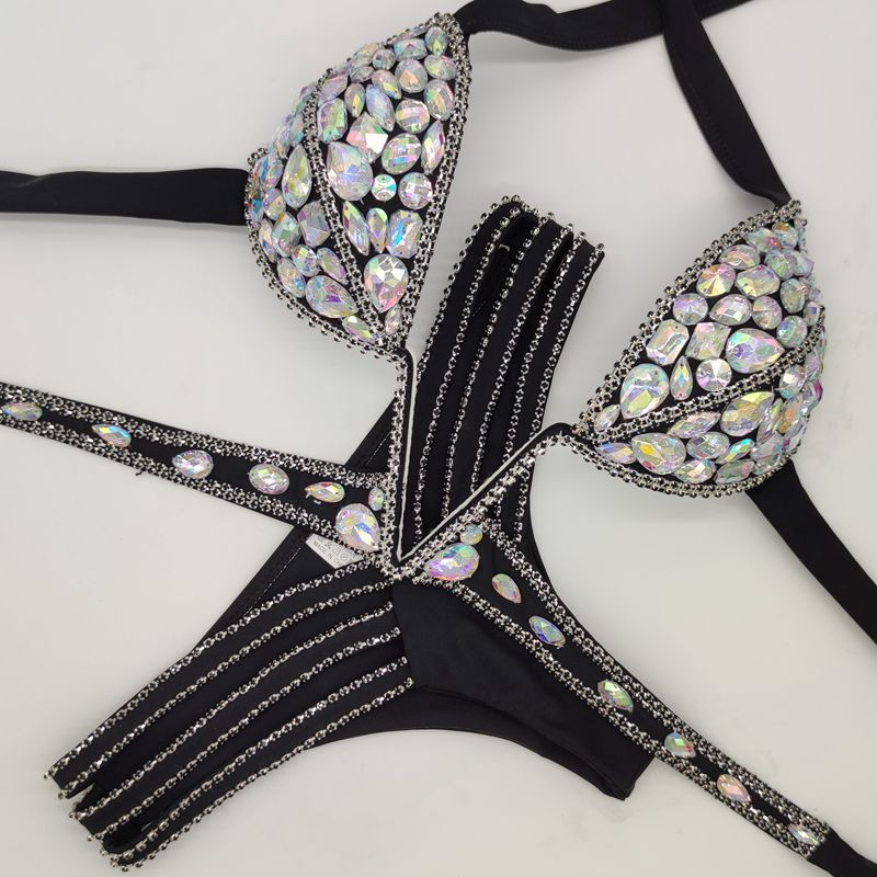 Crystal Rhinestone Bikini Set, AB Stone Competition Swimwear, Luxury Halter Bling Bikini, Women Figure Bodybuilding Suit, Royal Blue & Pink Pageant Swimsuit