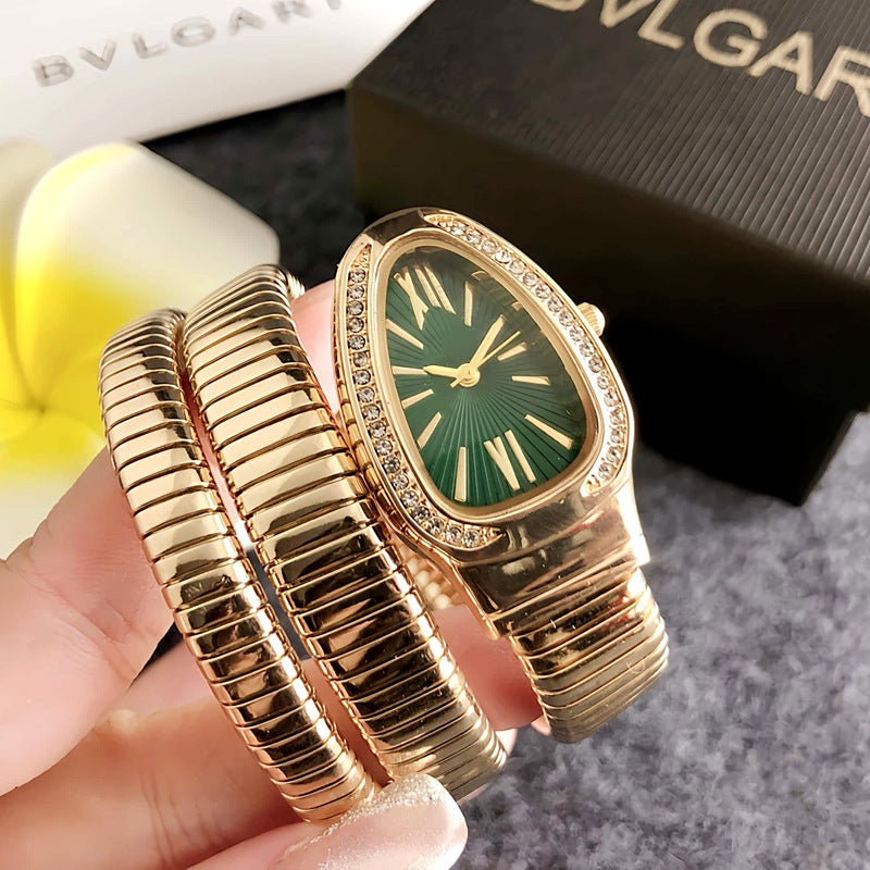 Gold Snake Coil Watch Women | Crystal Diamond Bezel | White Sunray Roman Dial | Serpenti Style Wrap Bracelet Luxury Watch