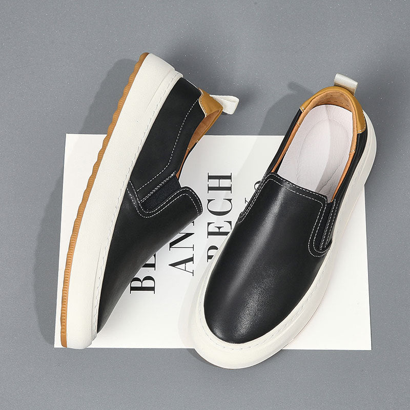 White Leather Slip-On Sneakers Men Casual Loafers Elastic Panel Gum Sole Minimalist Flat Shoes