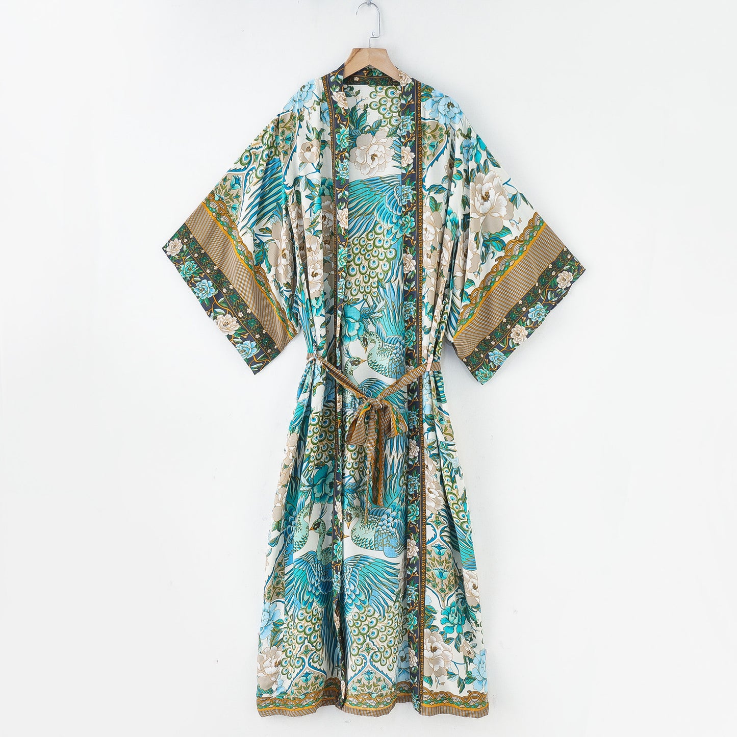 Boho Floral Peacock Print Kimono Robe for Women | Belted Long Midi Wrap Kimono Cardigan ? Beach Cover Up