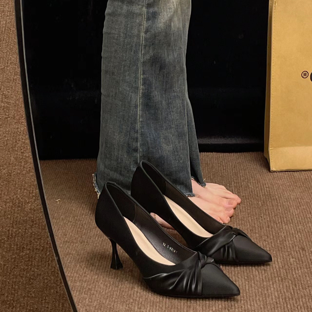 Beige Twisted Knot Pointed Toe Kitten Heel Pumps | Women's Sculptural Spool Heel Slip-On Leather Shoes | Elegant Minimalist Heels
