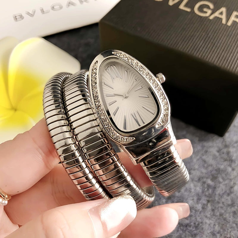 Gold Snake Coil Watch Women | Crystal Diamond Bezel | White Sunray Roman Dial | Serpenti Style Wrap Bracelet Luxury Watch