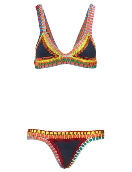 Black Gold Crochet Trim Bikini Set | Triangle Top & Low Rise Bottoms | Luxury Metallic Knit Edge Two Piece Swimsuit Women