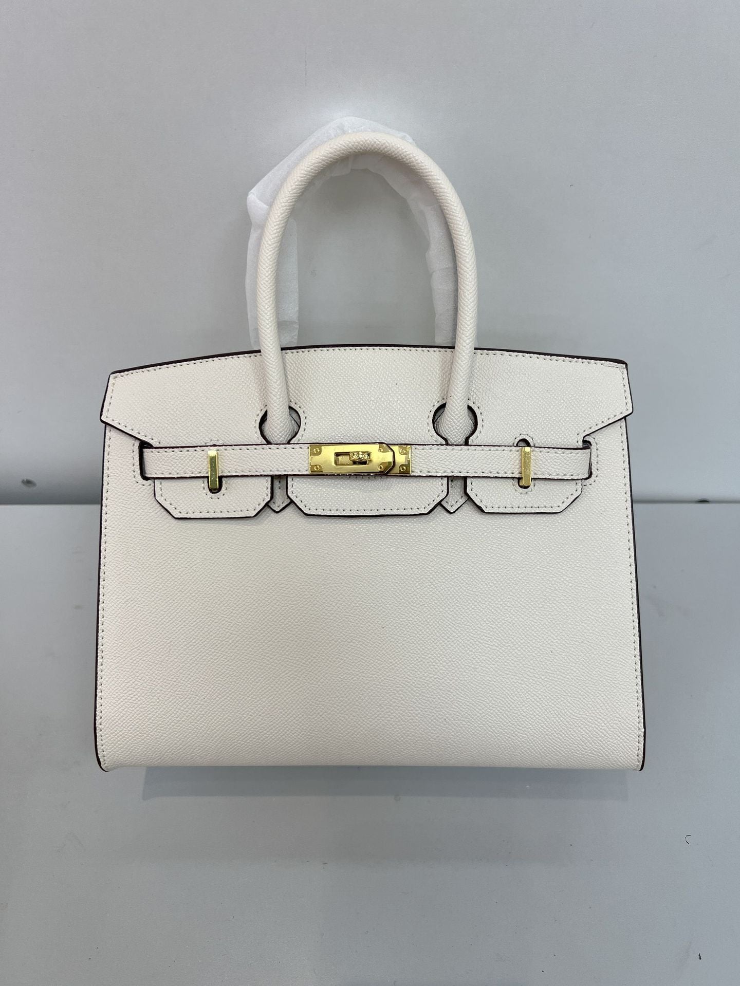 Women's Luxury Structured Leather Tote Bag | Taupe Grey Gold Hardware Top Handle Handbag | Designer Style Purse