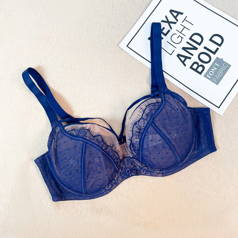 Plus Size Women's Strappy Lace Mesh Underwire Bra | Polka Dot Sheer Cup Floral Lace Lingerie Bra