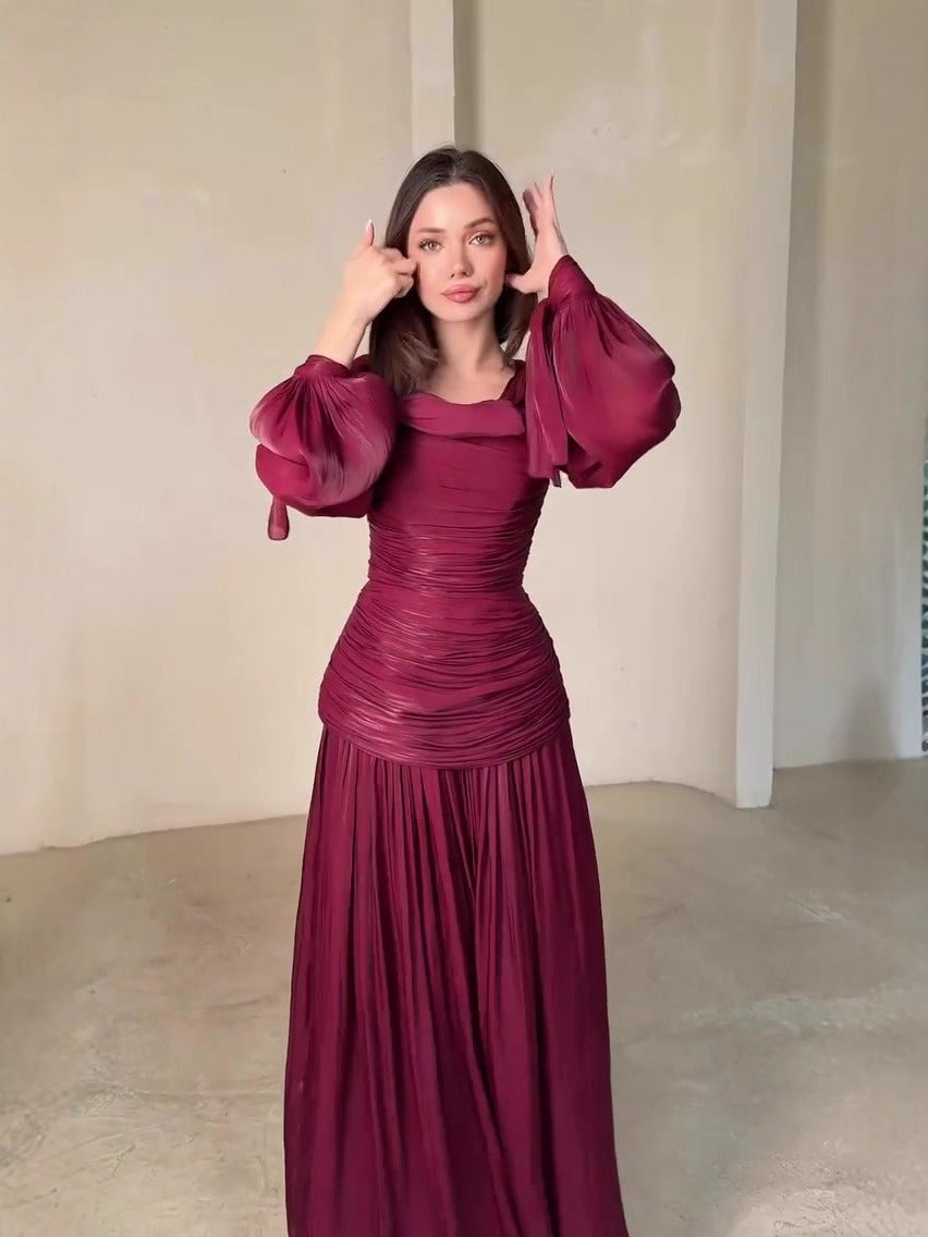 Burgundy Ruched Maxi Dress with Pleated Skirt | Long Sleeve Cowl Neck Formal Evening Gown