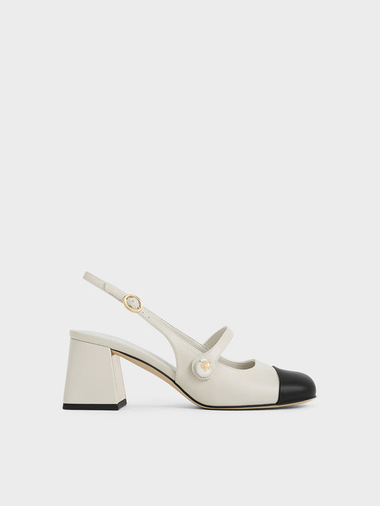 Ivory Black Cap Toe Mary Jane Slingback Block Heels for Women | Two Tone Pearl Button Strap Mid Heel Pumps | Elegant Vintage Inspired Block Heel Shoes | Chanel Inspired Cap Toe Heels