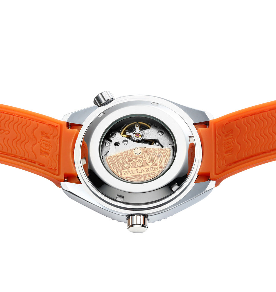 Paulares Professional Herren-Taucheruhr | Cremefarbenes Zifferblatt, orangefarbene Lünette, graues NATO-Nylonarmband, Meisterchronometer, Sportuhr 