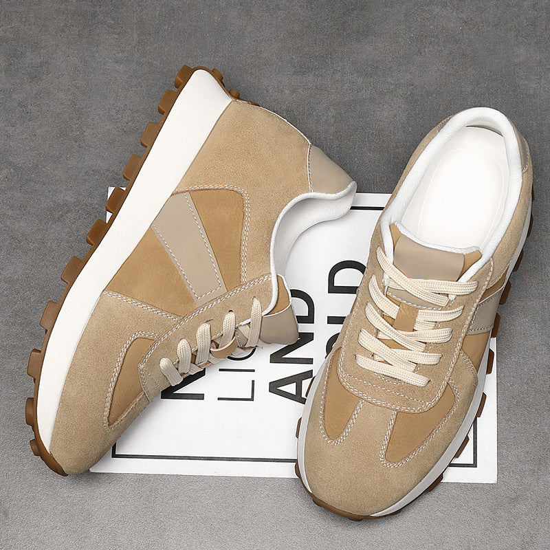 Light Gray Suede Retro Runner Sneaker Beige Panel White Lace Up Gum Sole Casual | Women Men Comfortable Everyday Walking Fashion Sneaker Shoes