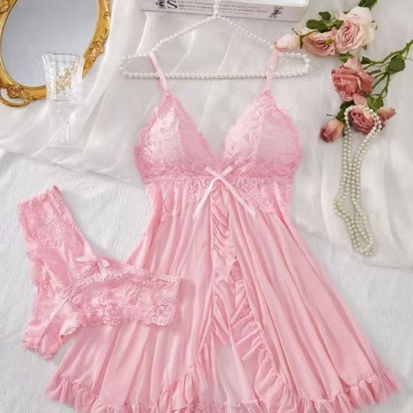 Women's Lace Babydoll Lingerie Dress Sexy Deep V Bow Front Sheer Mesh Mini Chemise Sleepwear 6 Colors