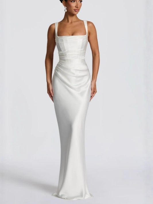 Damen marineblaues Satin-Maxikleid | Figurbetontes, gerafftes Abendkleid mit eckigem Ausschnitt und Handschuhen | Elegantes Abend-, Ball- und Hochzeitskleid