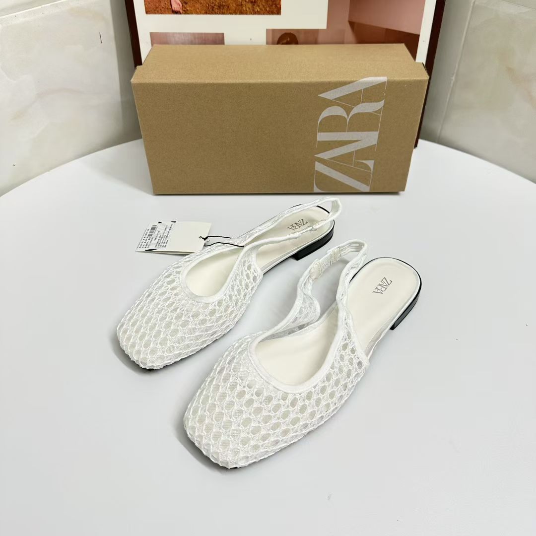 Zara Mesh Slingback Ballet Flats | White & Black Breathable Net Upper Flat Shoes for Women
