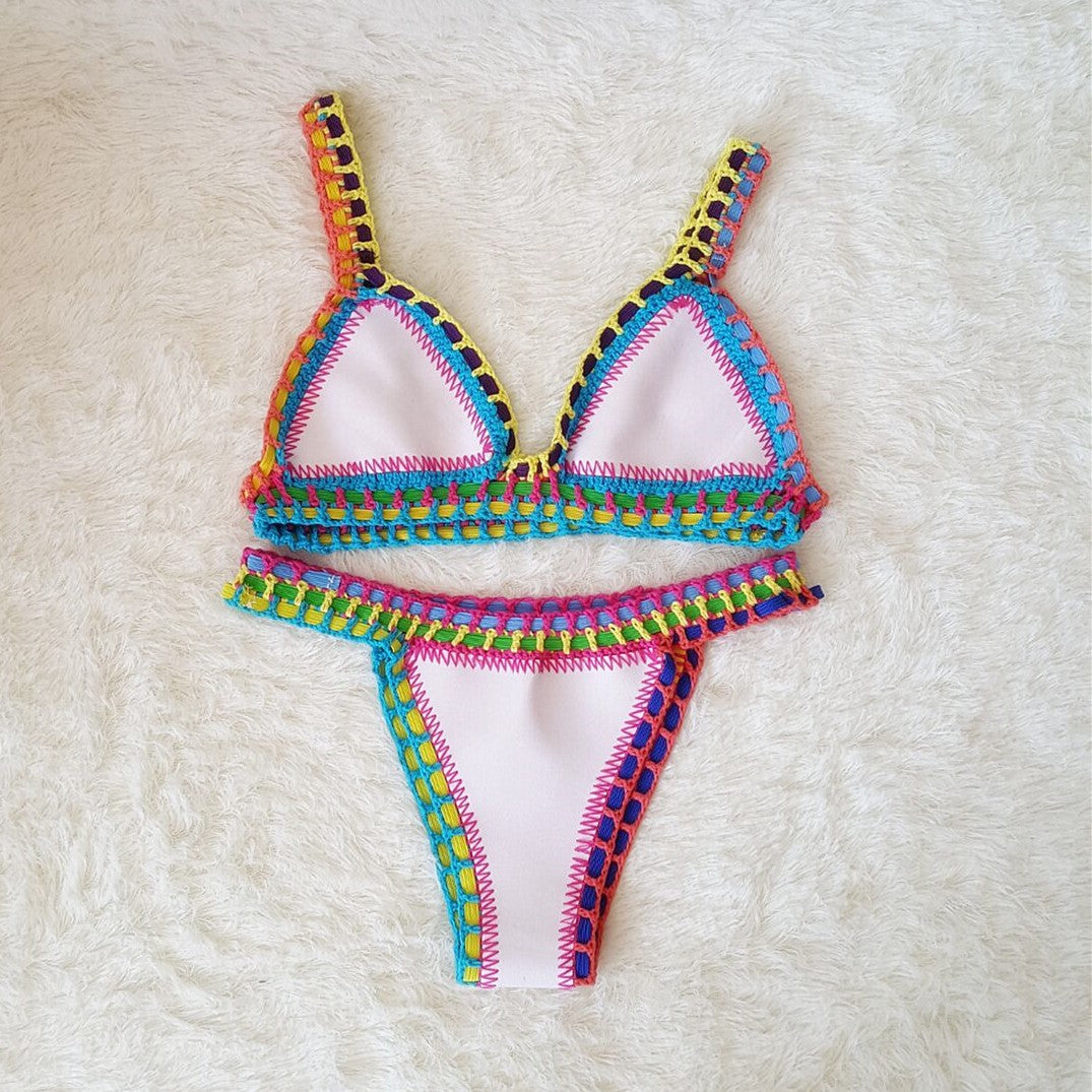 Set Bikini Giallo con Bordo all'Uncinetto | Top Triangolare Boho e Slip a Vita Bassa | Costume da Bagno Due Pezzi Intrecciato a Mano Multicolore da Donna