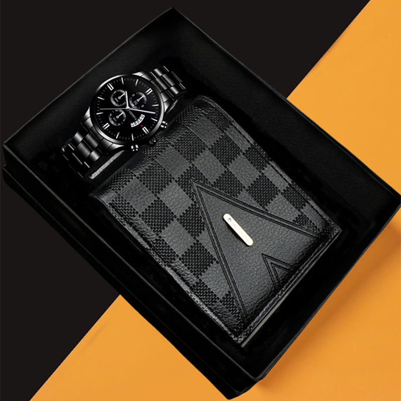Geneva Men's 3-Piece Black Gift Set | Chronograph Watch + Cuban Link Bracelet + Cross Necklace Luxury Jewelry Box