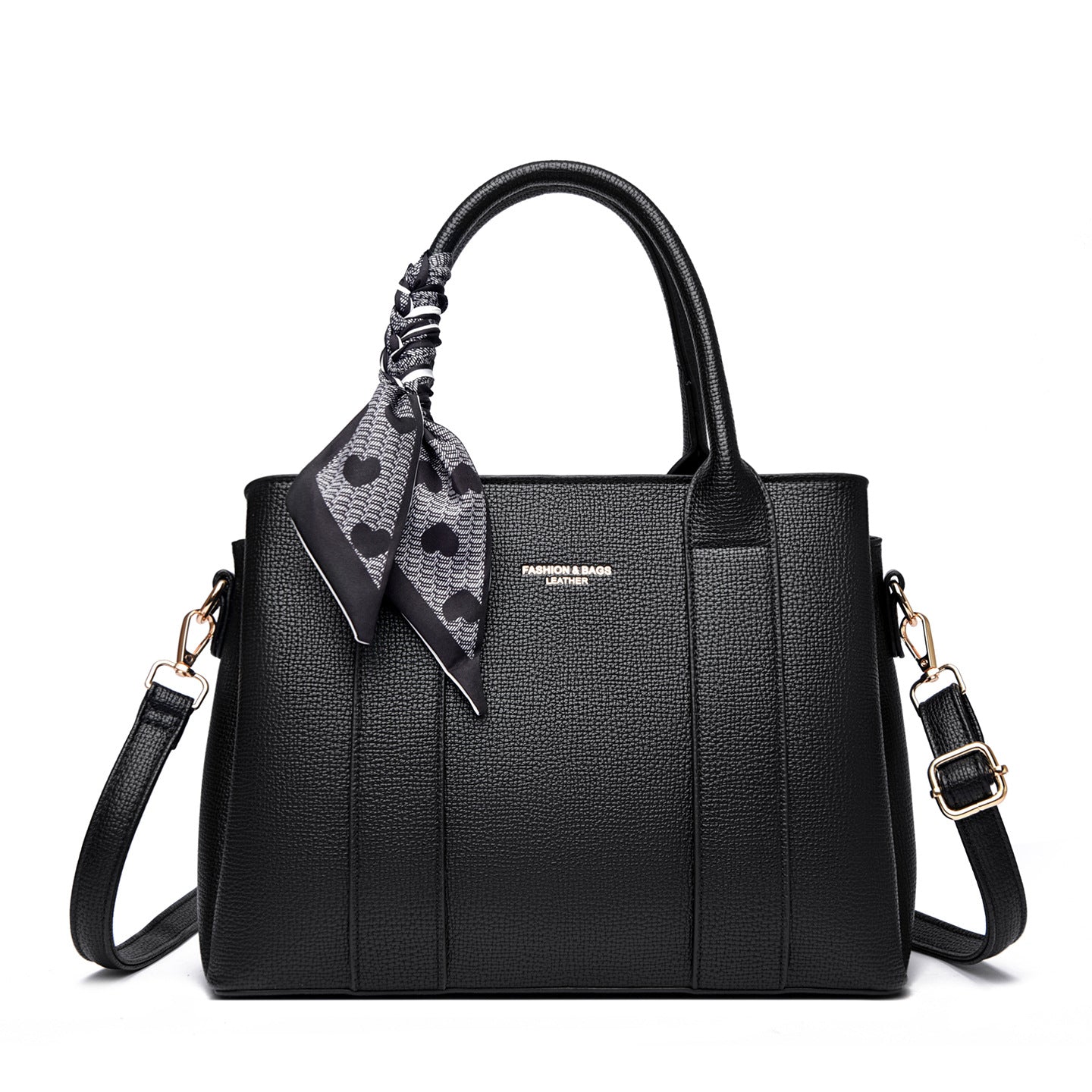 Black Leather Tote Handbag Women | Structured Shoulder Bag Crossbody Satchel with Scarf Detail Gold Hardware