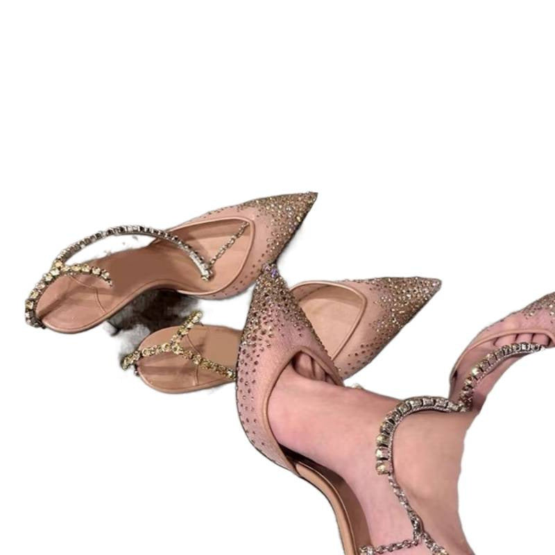Black Crystal Embellished Mesh Pointed Toe Slingback Kitten Heel Mules | Women's Rhinestone Chain Strap Luxury Heels