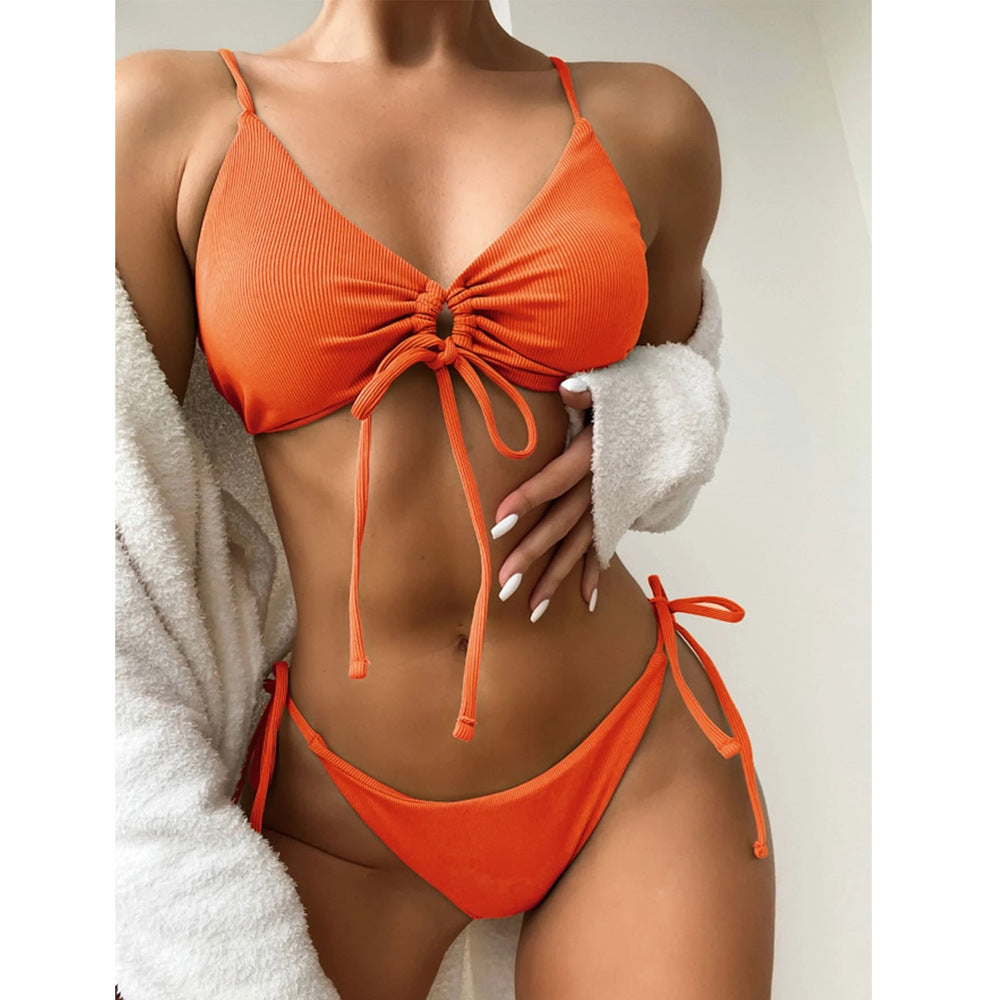 Rust Ribbed Drawstring Bikini Set, Ruched Front Tie Crop Top & String Thong Bottom, Women Terracotta Textured Swimwear, Sexy Halter Beach Swimsuit, Earthy Two Piece Bathing Suit