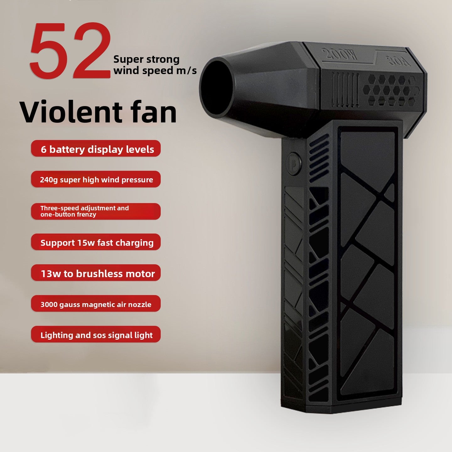Portable Handheld Turbo Fan 52m/s | 200W Brushless Motor Cordless Air Blower | 15W Fast Charge Wireless Jet Fan