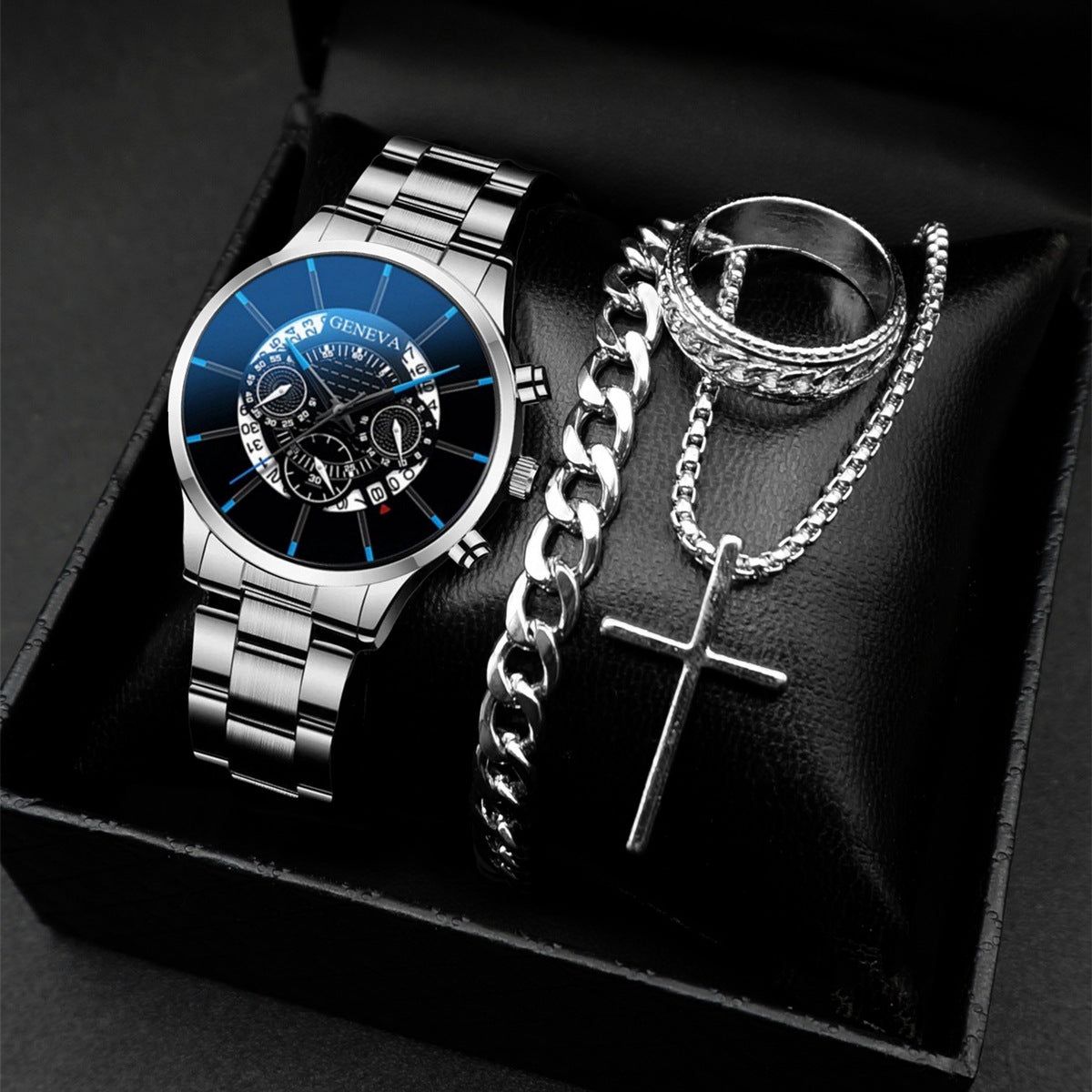 Geneva Men's 3-Piece Black Gift Set | Chronograph Watch + Cuban Link Bracelet + Cross Necklace Luxury Jewelry Box