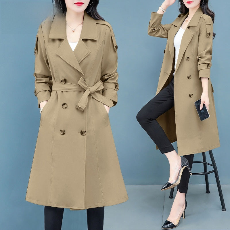 Women's Double-Breasted Trench Coat | Classic Khaki Mid-Length Windbreaker with Notch Lapel & Cuff Buttons | Elegant Slim Fit Autumn Overcoat