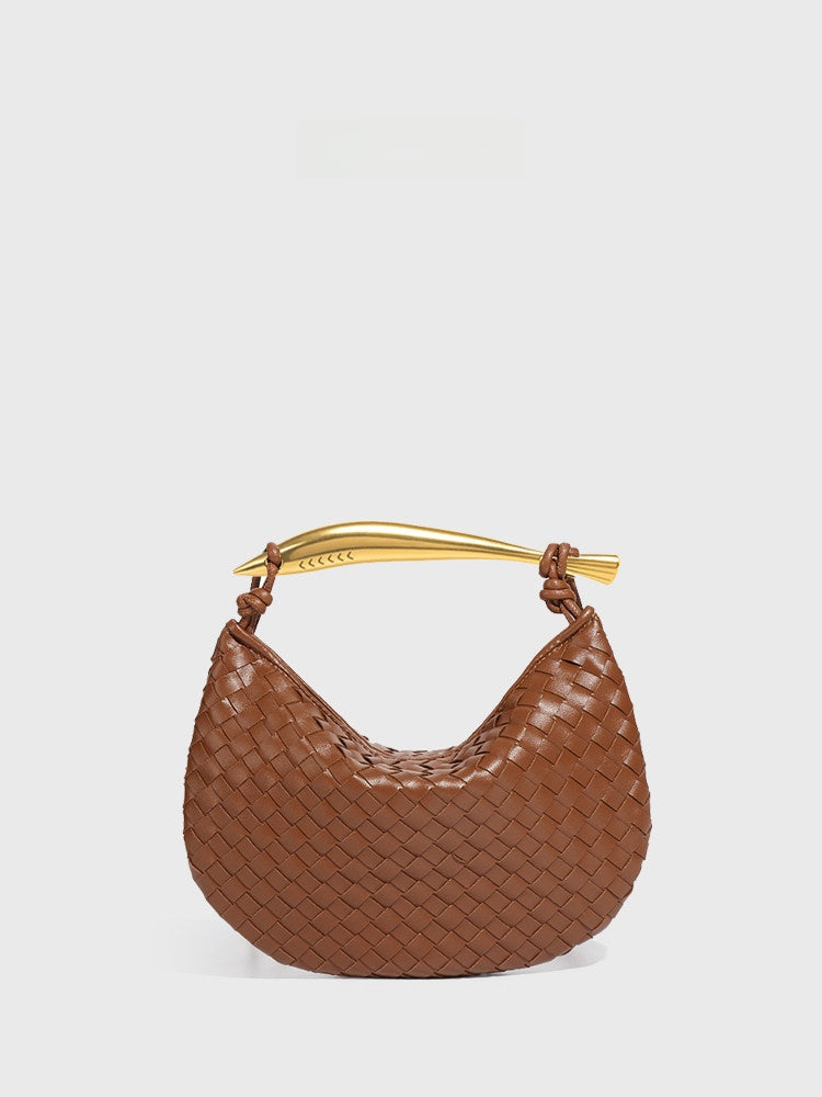 Burgundy Woven Leather Hobo Bag with Gold Handle | Intrecciato Crescent Shoulder Bag