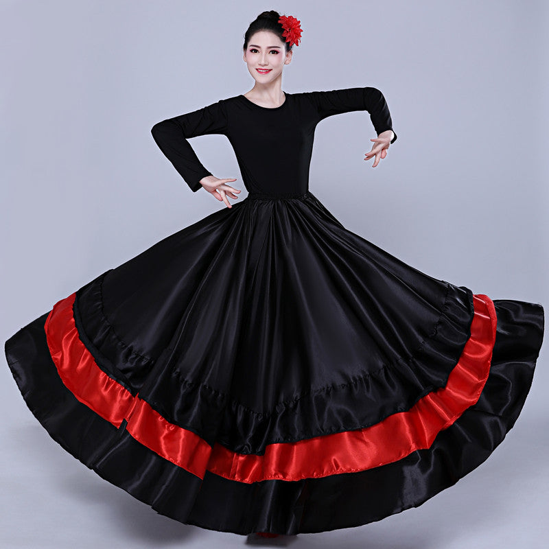 Flamenco Dance Skirt | Spanish Ballroom Swing Skirt | Red & Black Satin Ruffle Maxi Skirt | Performance Costume for Women