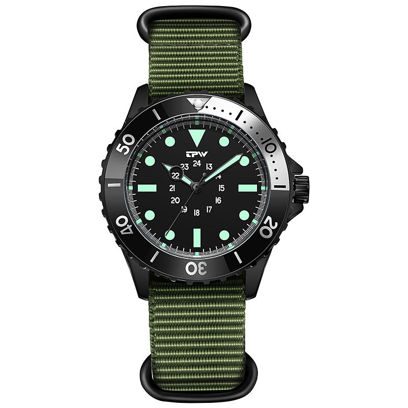TPW Black Diver Style Watch Men | Luminous Dial Rotating Bezel Silicone Strap Sport Quartz Watch
