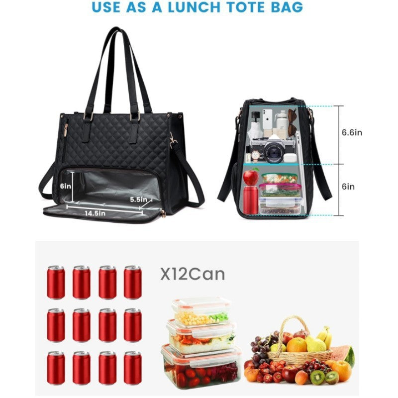 Black Quilted Insulated Lunch Tote Bag with Pouch | Large Thermal Cooler Handbag for Women | Work & Picnic Bag