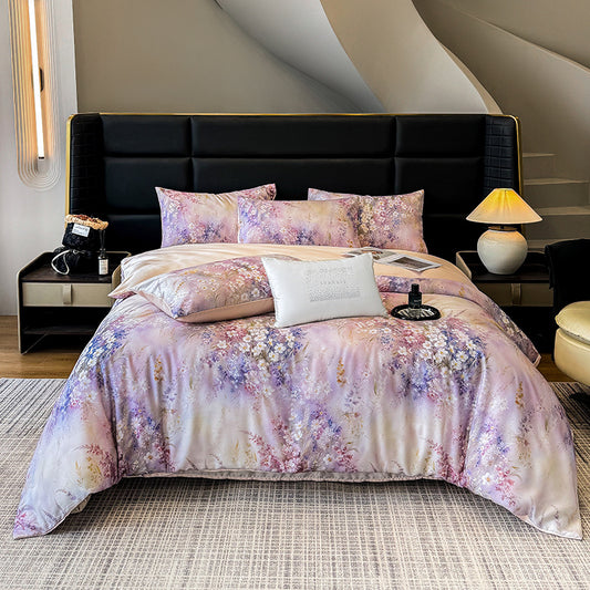 Luxury Floral Satin Bedding Set - Romantic Pink Purple Botanical Print Duvet Cover with Pillowcases - Silky Soft Egyptian Cotton Style Bed Linen Set for Queen King - Elegant Bedroom Decor