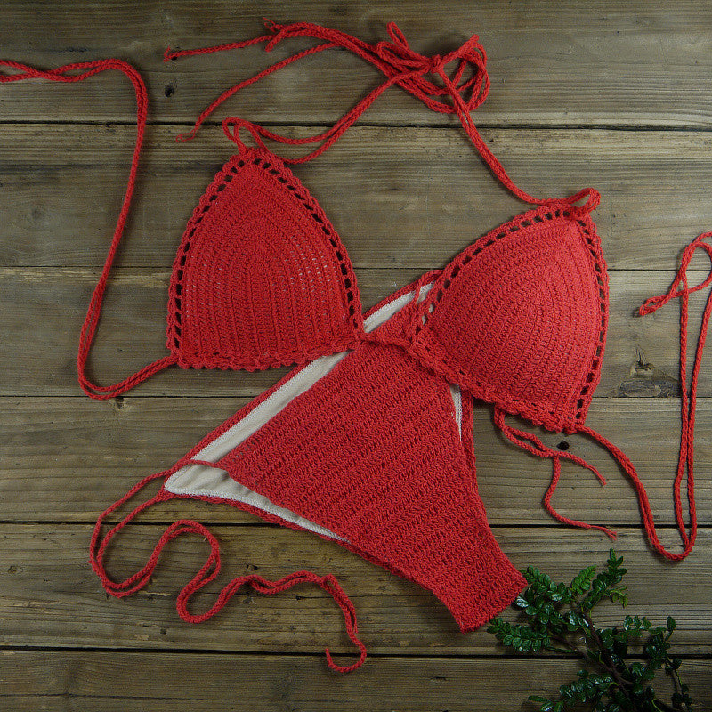 White Crochet Bikini Set | Handmade Triangle Halter Top and String Bottoms Boho Swimwear for Women