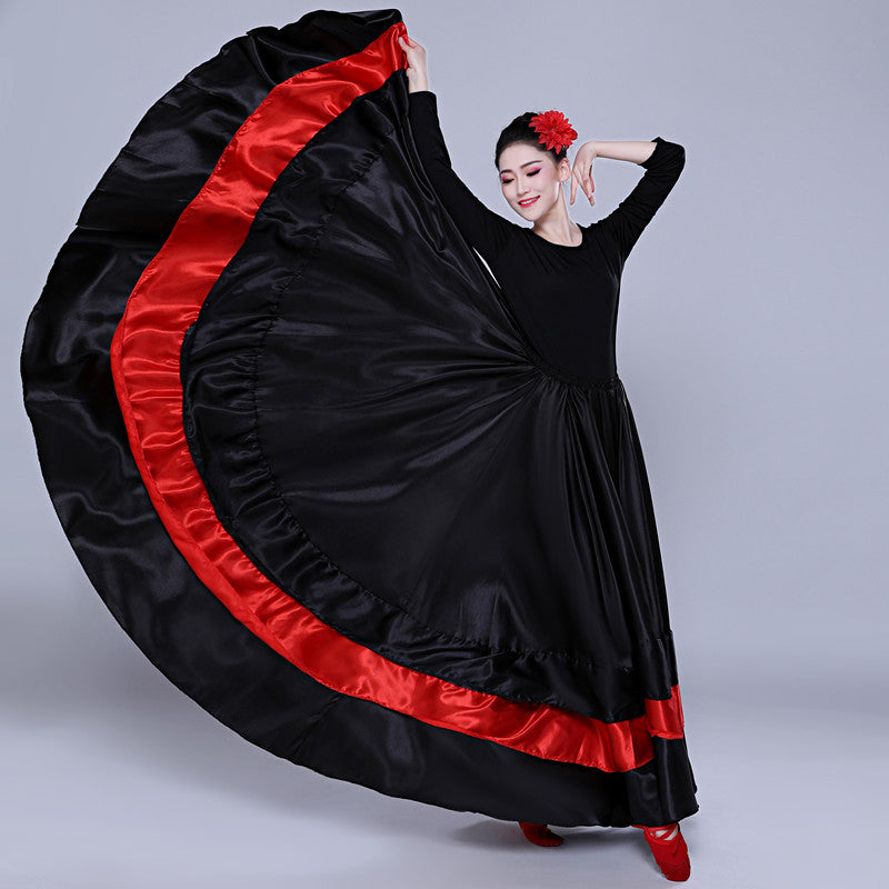 Flamenco Dance Skirt | Spanish Ballroom Swing Skirt | Red & Black Satin Ruffle Maxi Skirt | Performance Costume for Women