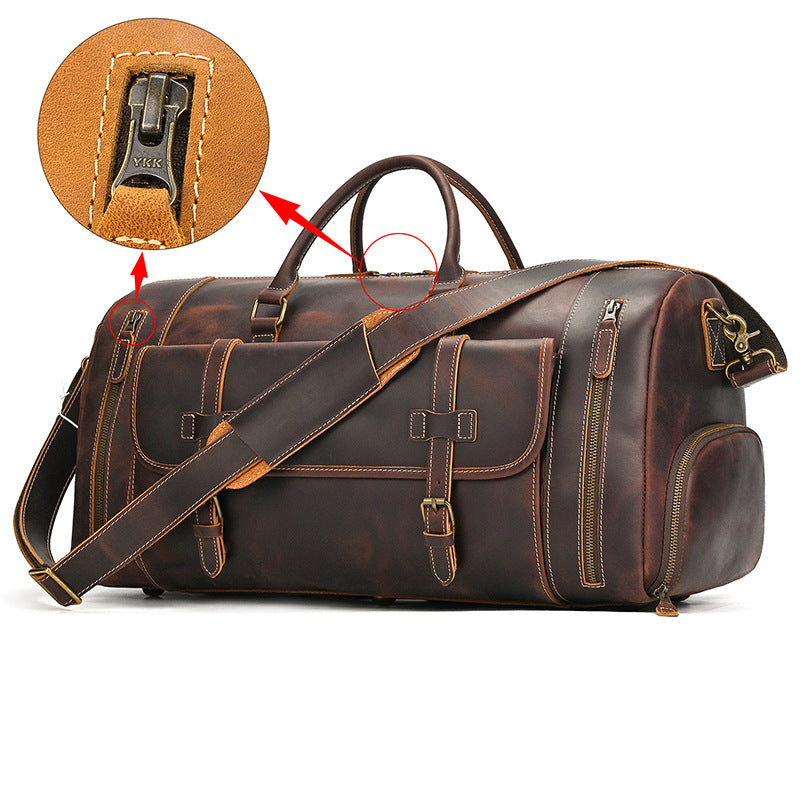 Men's Vintage Crazy Horse Leather Duffle Bag - Large Capacity Weekend Travel Bag with YKK Zippers, Shoulder Strap & Multiple Pockets - Genuine Leather Overnight Holdall Luggage Bag